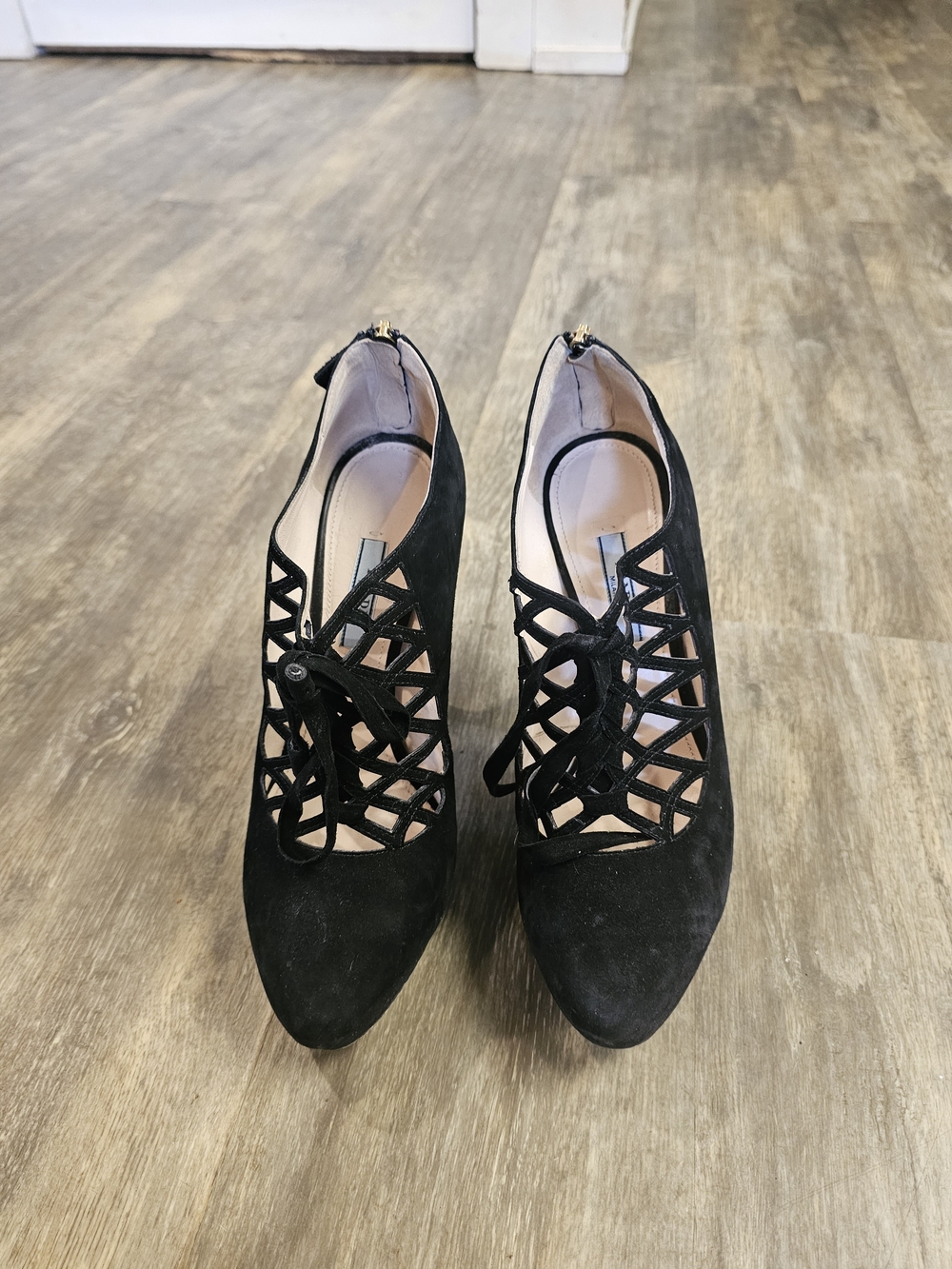 Prada Black Suede Lace-Up Cutout Heeled Boots